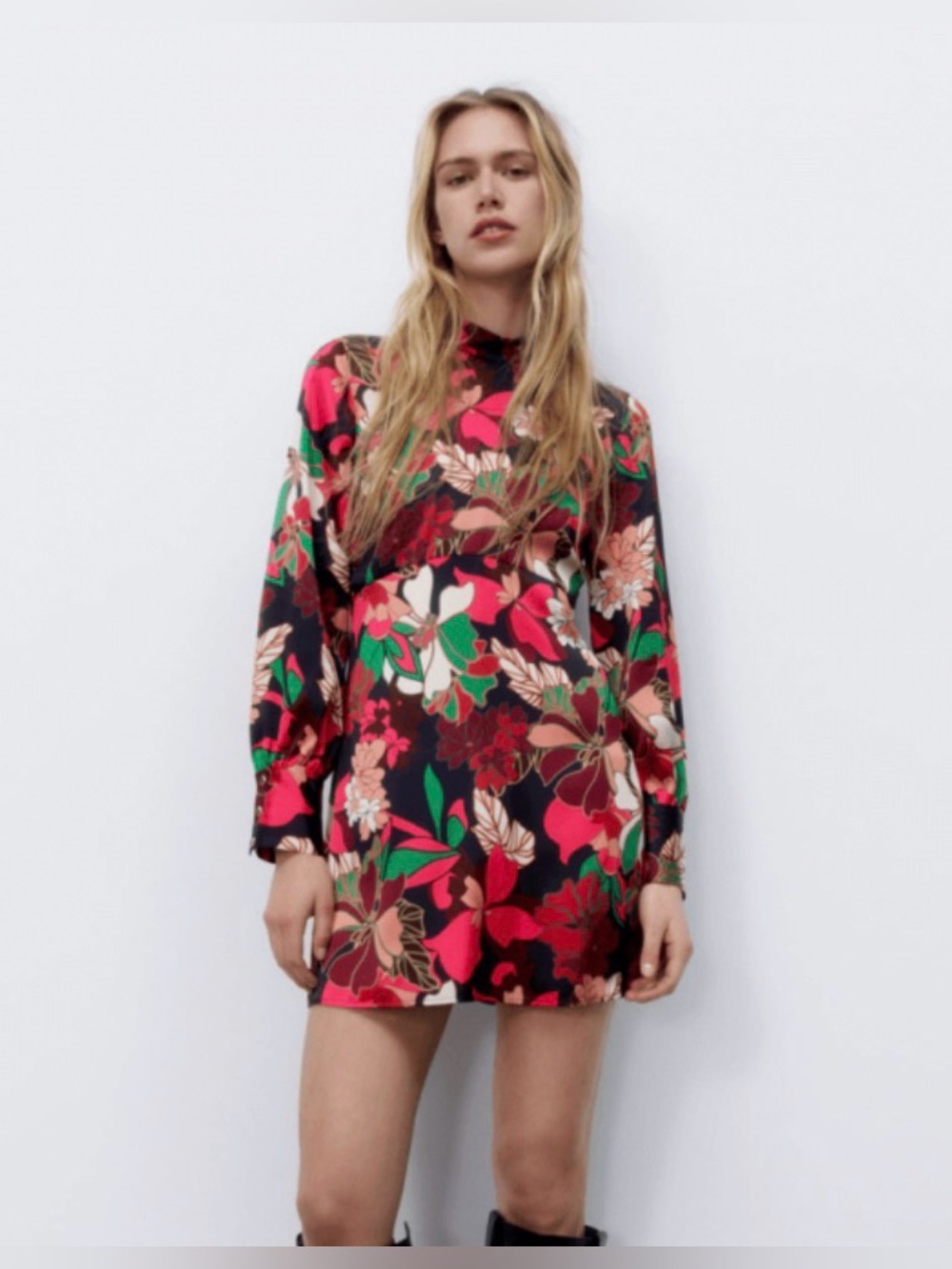Zara Floral Satin Mini Dress Long Sleeve Small High Collar Retro Inspired